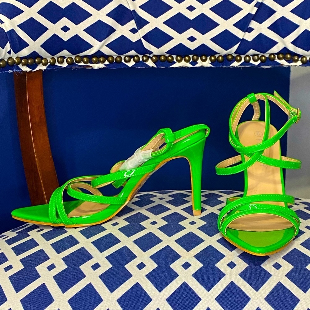 Bright Green strappy pointed open toe ankle strap heel Sz 6, 7 - Picture 4 of 9
